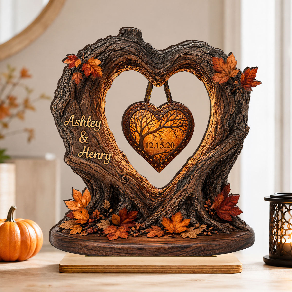 Couple Fall Season Heart Tree - Personalized 2-Layered Wooden Plaque - Anniversary Gift for Her, for Him