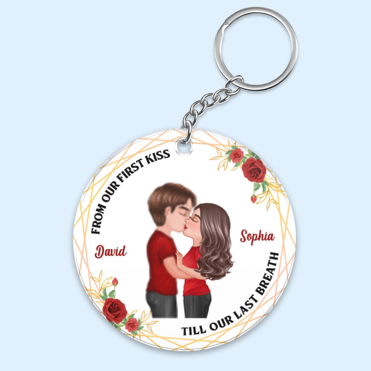Doll Couple Kissing Roses Frame Personalized Circle Acrylic Keychain