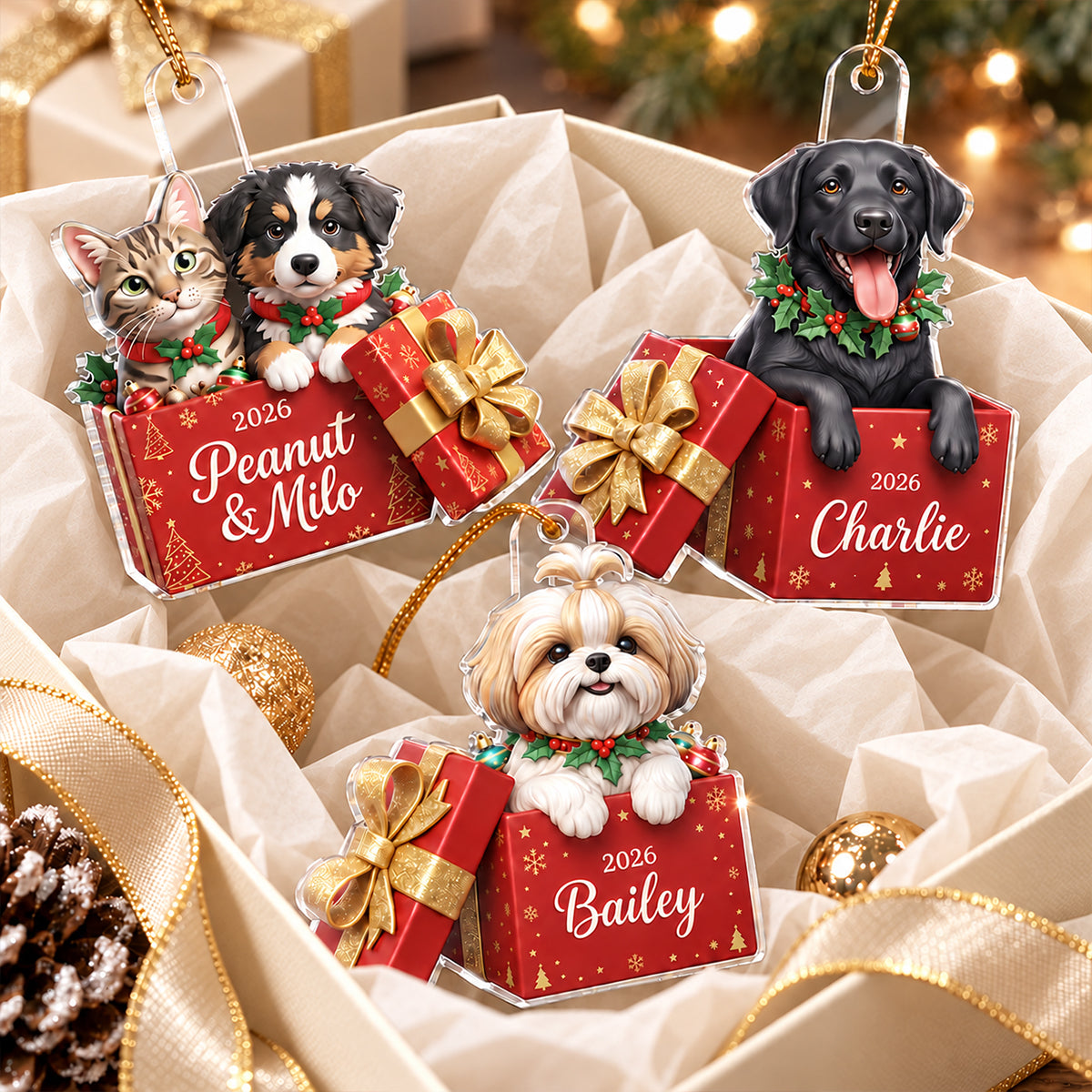 Custom Dog Cat Pet inside Gift Box - Personalized Acrylic Ornament - Christmas Gift for Dog Cat Mom