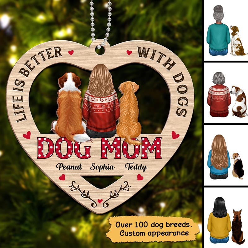Dog Mom Sitting Polka Dogs Personalized Christmas Wooden Ornament