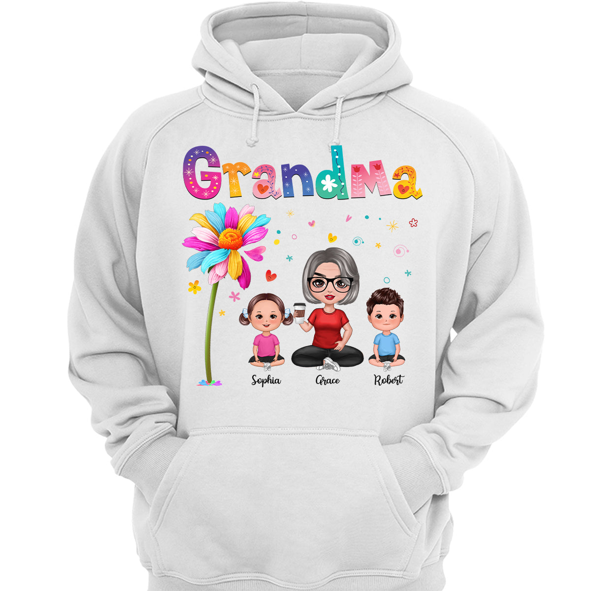 Colorful Floral Pattern Grandma With Grandkids Sitting Personalized Shirt