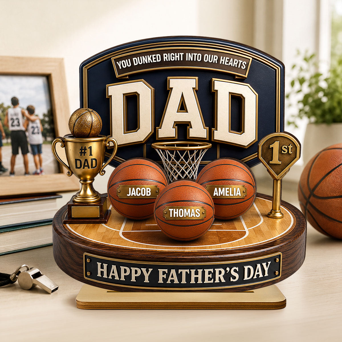 Basketball Trophy You Dunked Right Into Our Hearts - Personalized 2-Layered Wooden Plaque - Father's Day Gift For Dad, Husband