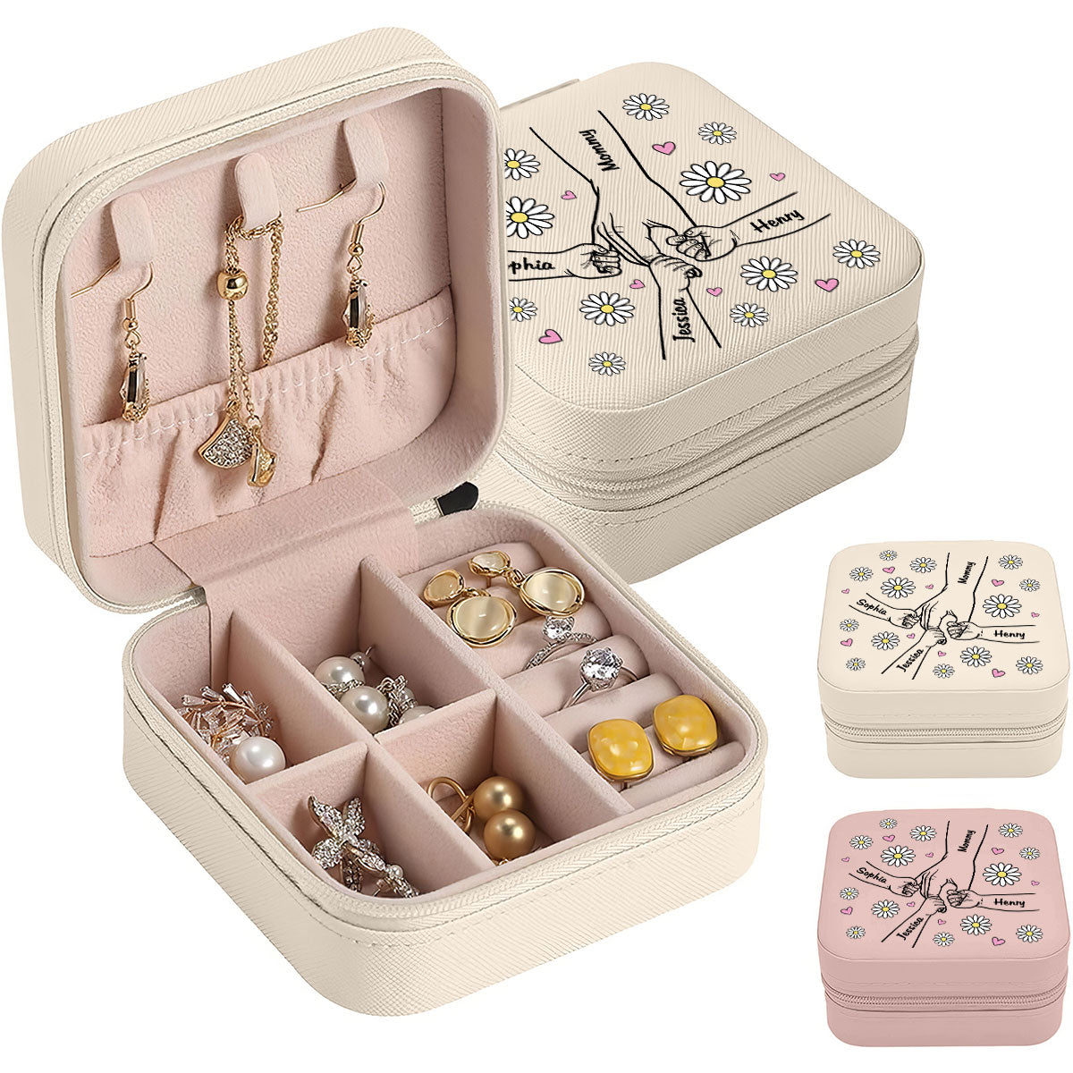 Grandma Mom Flower Kids Holding Hand Outline Personalized Jewelry Box