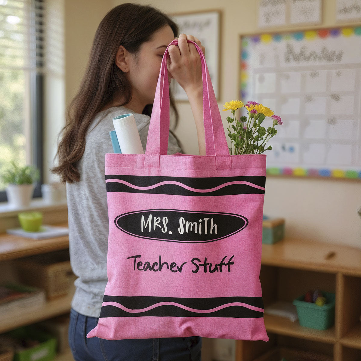 Teacher Crayon Personalized Tote Bag, Back To School Gift For Teacher