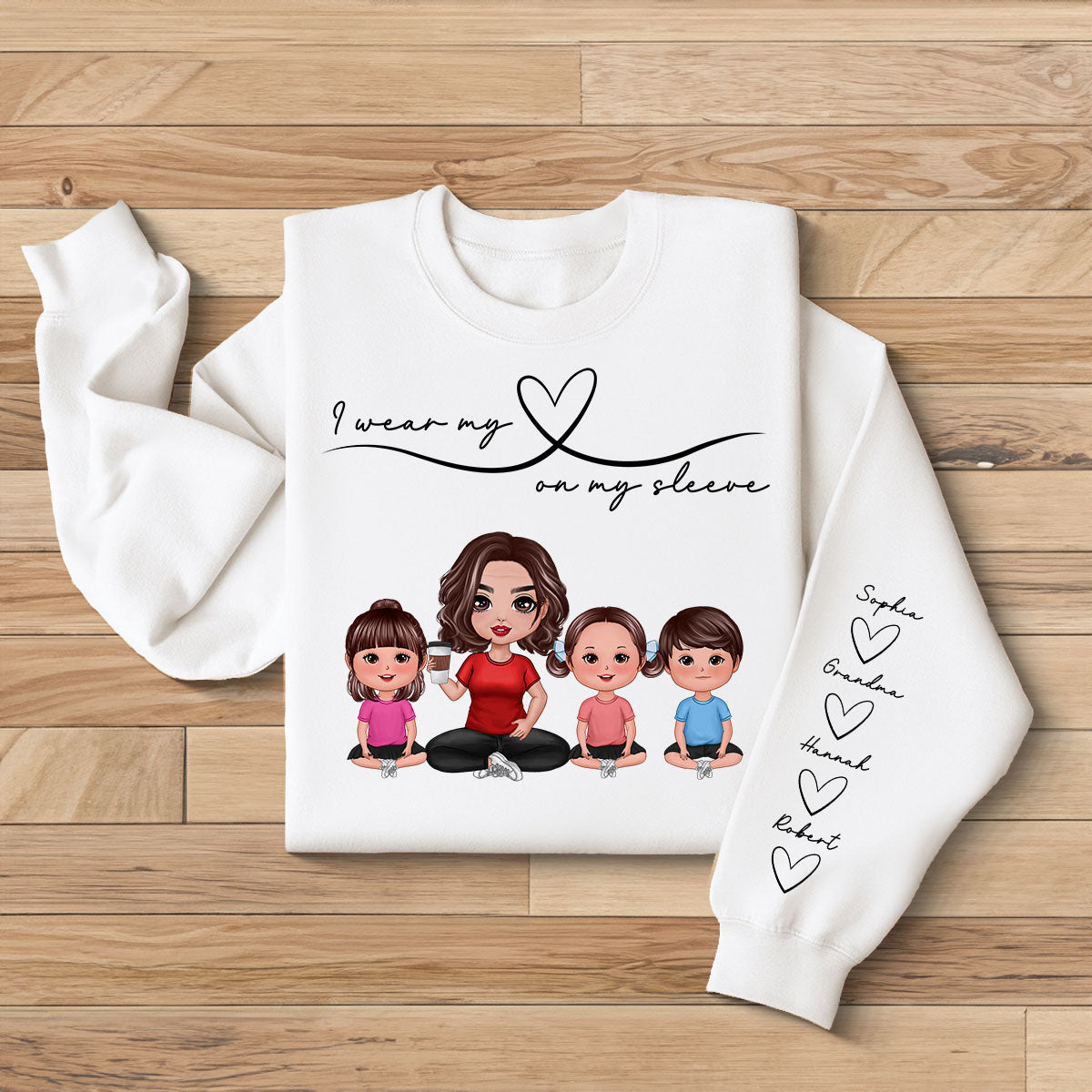 Grandma Mom Wear Her Heart On Her Sleeve, Beautiful Heart Design, Personalized Sleeve Printed Sweatshirt, Gift For Grandma