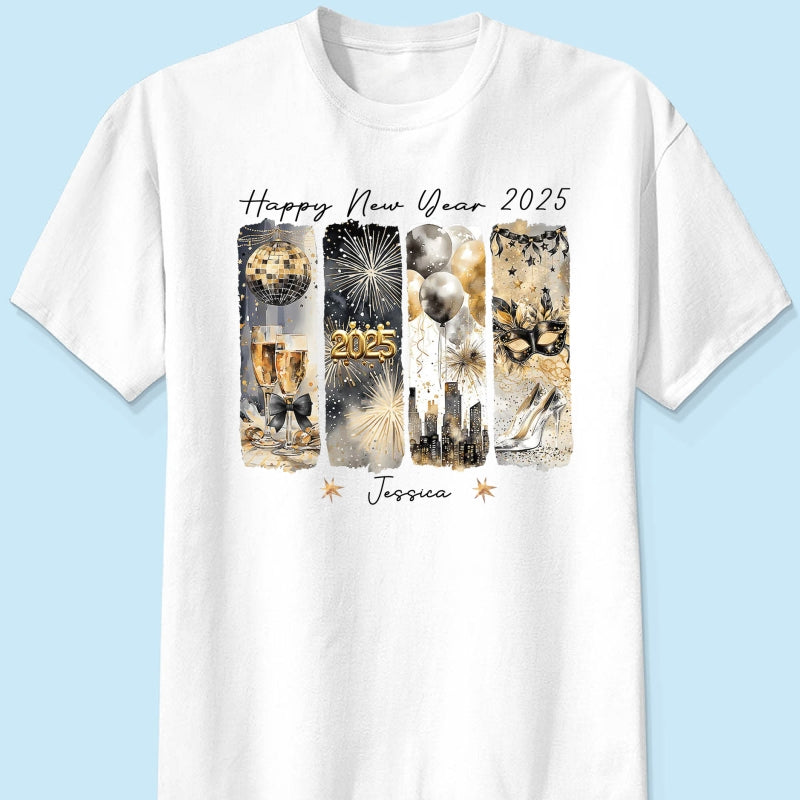 Retro New Year 2025 Disco Ball Gold Glitter Personalized Shirt, Brushstroke New Year New Me, New Year Gift For Yourself