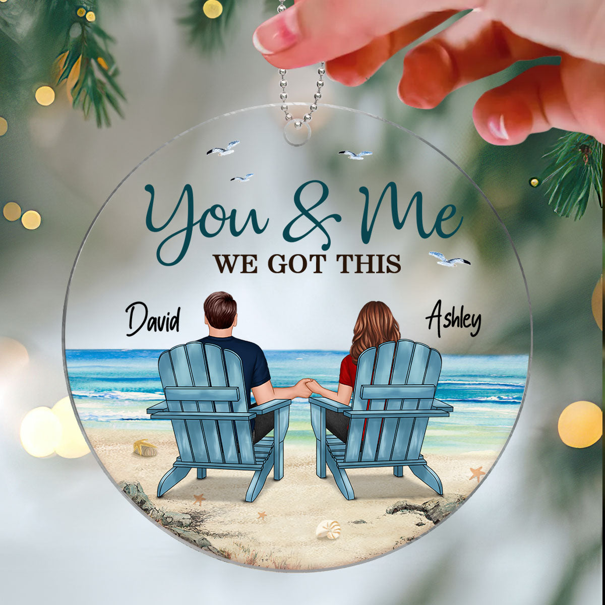Back View Couple Sitting Beach Landscape Personalized Acrylic Ornament