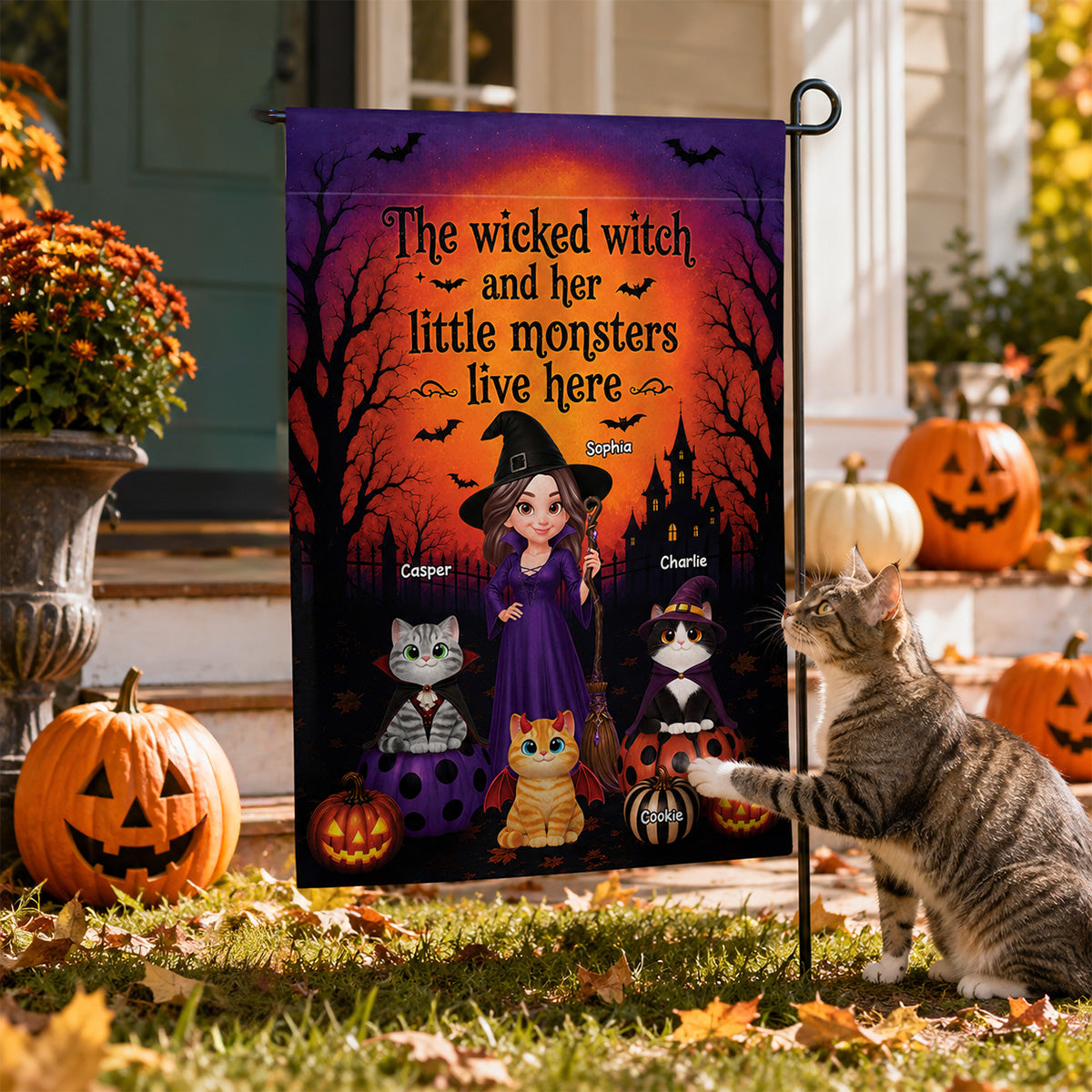 Halloween Wicked Witch And Little Monters Cats - Personalized Garden Flag