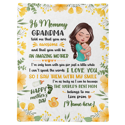 Doll Mom Holding Baby Happy First Mother‘s Day Personalized Fleece Blanket