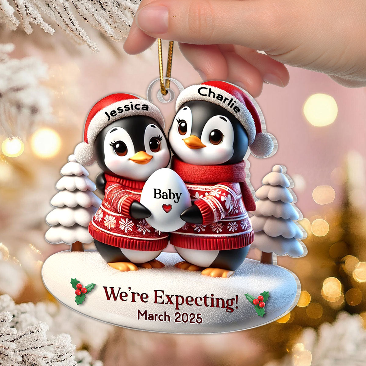 3D Effect Cute Penguin Couple Expecting Parents Pregnancy Announcement Keepsake Personalized Acrylic Ornament