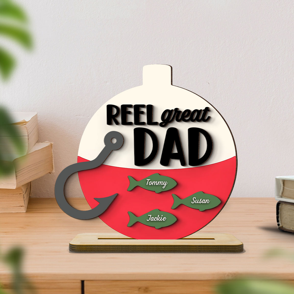 Reel Great Dad Grandpa Personalizd 2-Layer Standing Wooden Plaque, Father's Day gift for Fishing Dad Grandpa