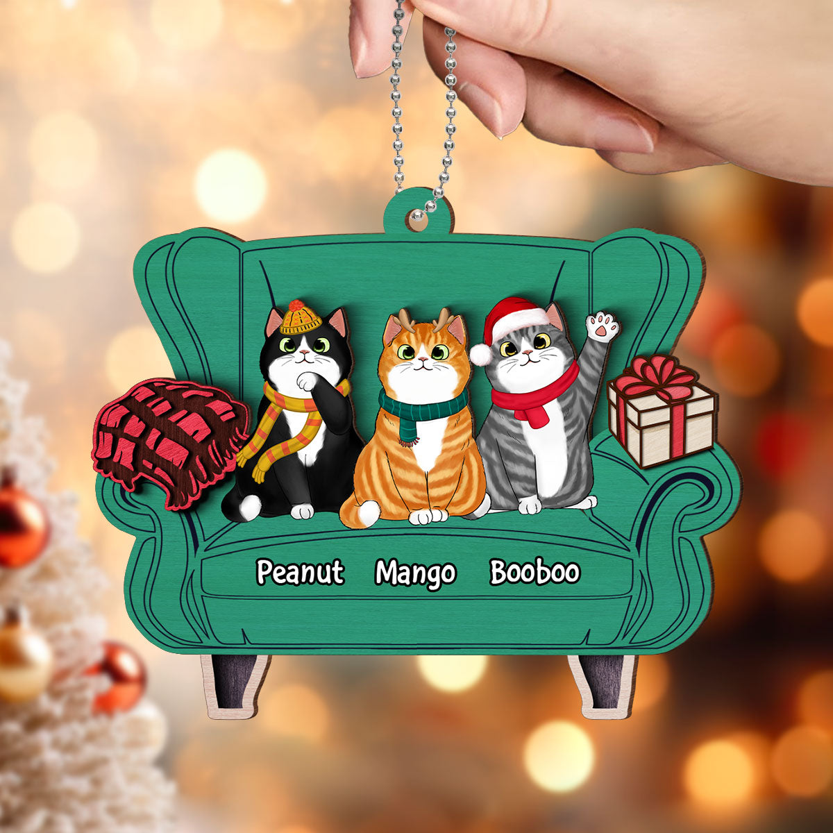 Christmas Cats On Sofa Personalized 2-Layer Wooden Ornament