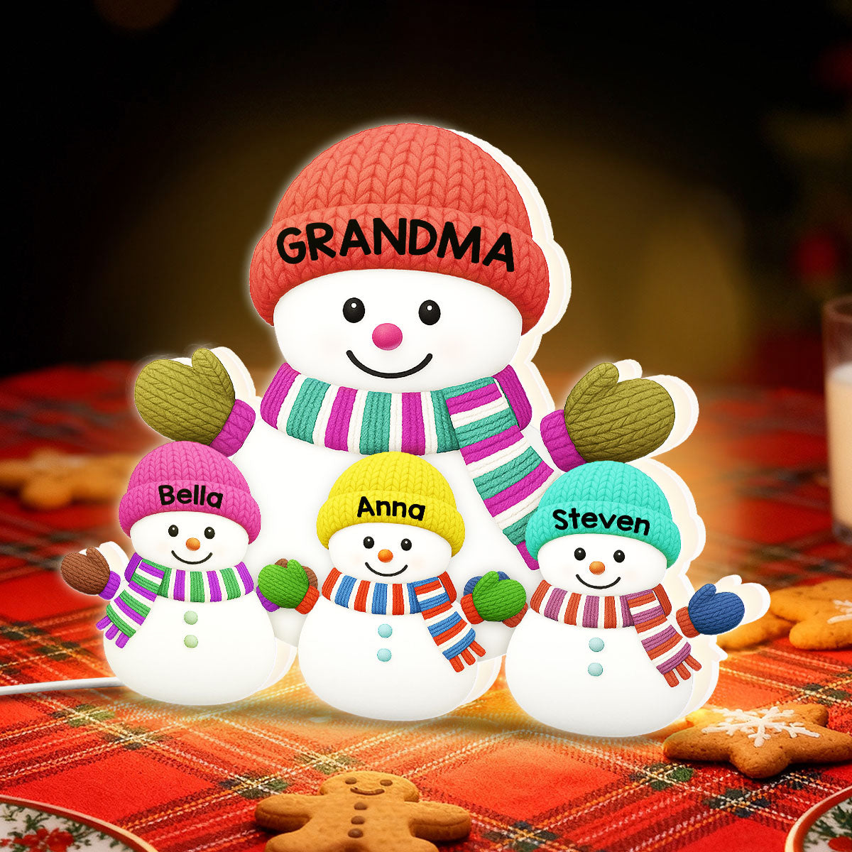 3D Effect Heartwarming Christmas Grandma Grandkids Snowman Together - Personalized Light Box - Gift For Grandmas