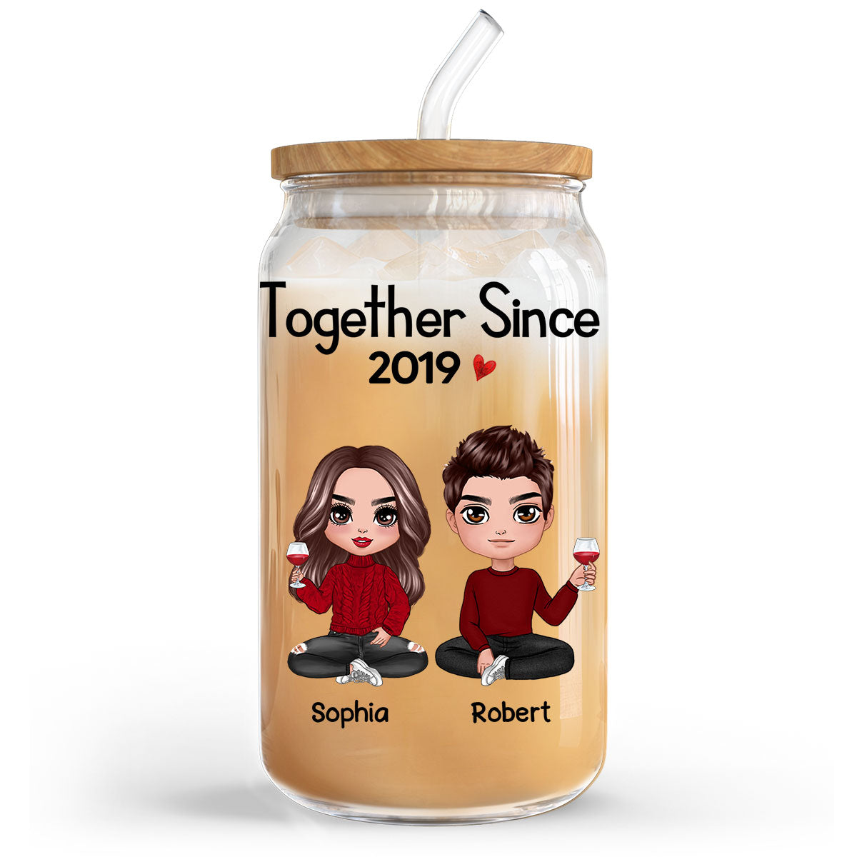 Doll Couple Sitting Anniversary Gift For Couples Personalized Clear Glass Can