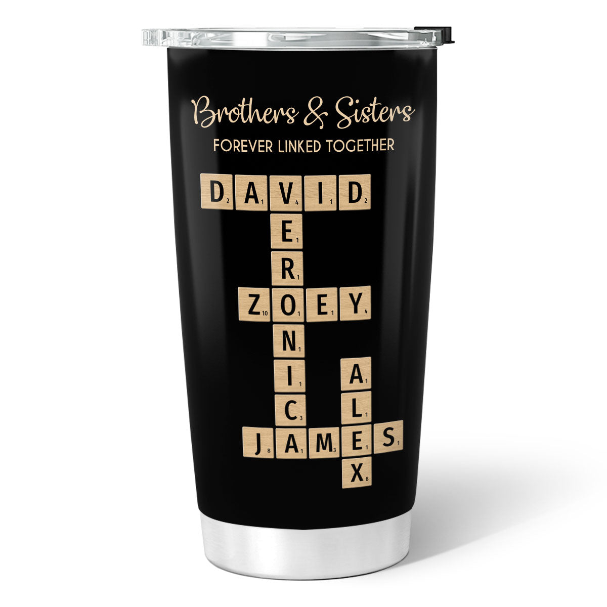 Brothers & Sisters Forever Linked Together Crossword Puzzle Art Personalized Tumbler, Gift For Brothers, Sisters, Siblings, Family