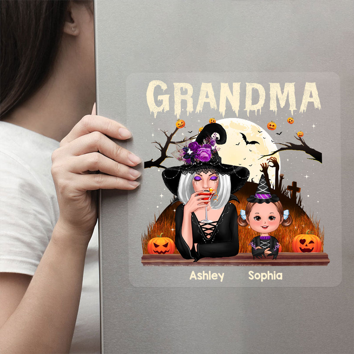 Grandma Mom And Kids Halloween Night Personalized Decal, Halloween Decor