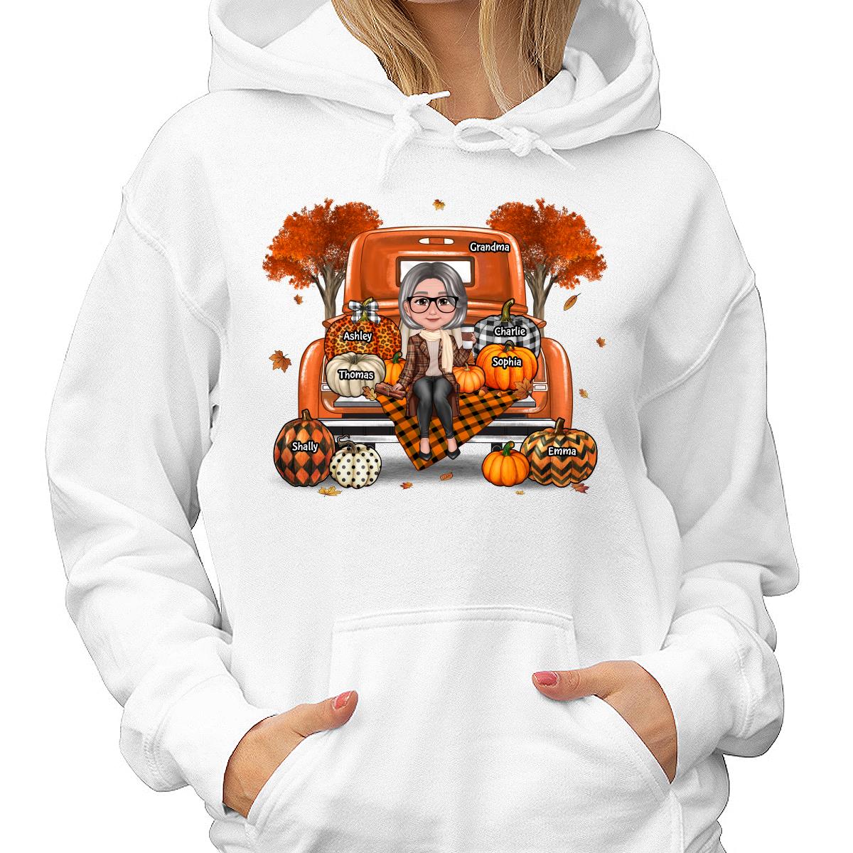 Grandma Mom Sitting On Orange Pumpkins Truck Fall Season Personalized Shirt