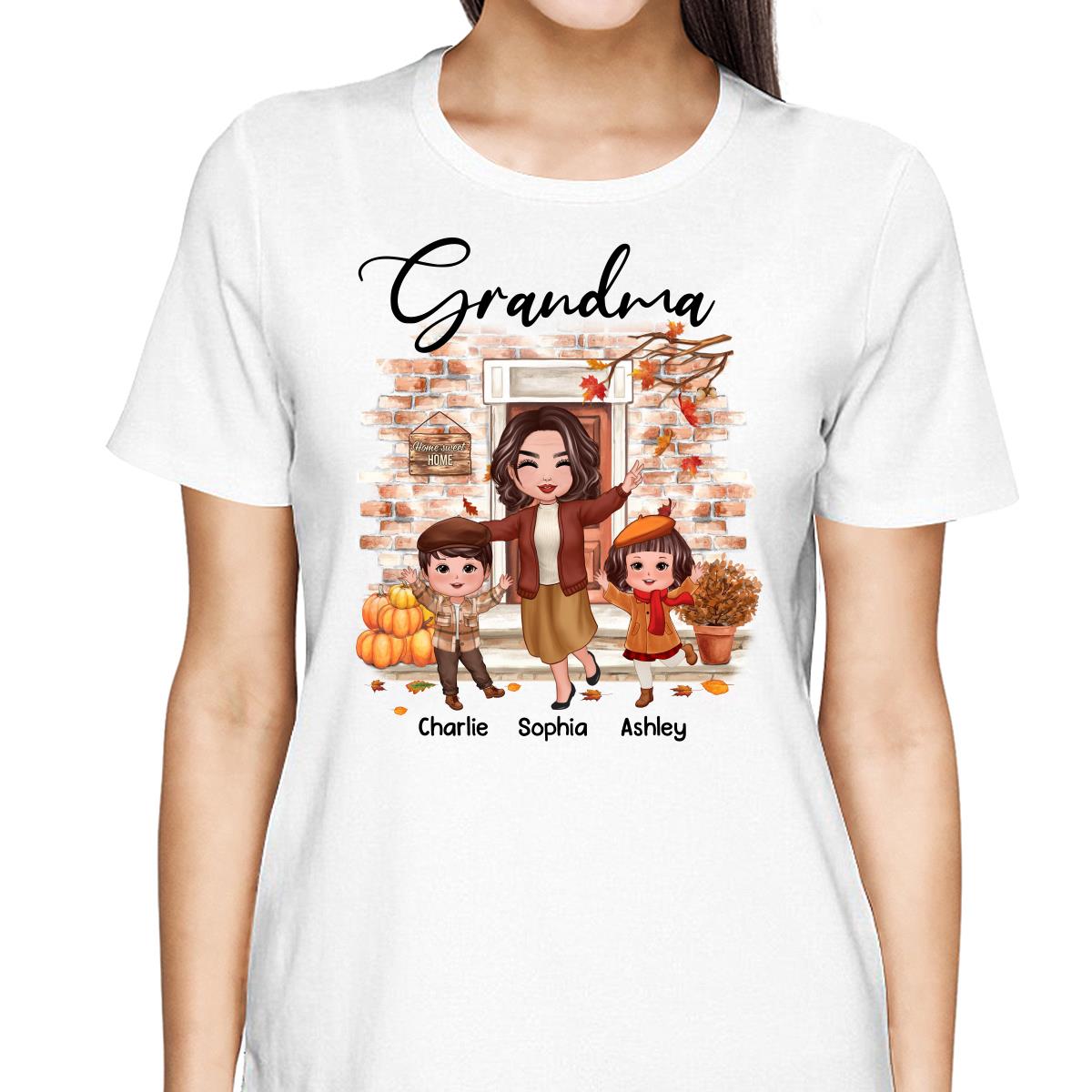 Fall Season Happy Doll Grandma And Grandkids At Front Door Personalized Shirt