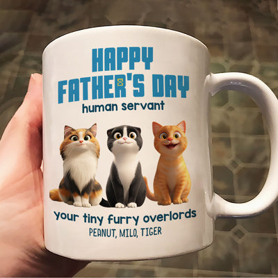 Happy Father's Day Human Servant Personalized Mug, Cute Cartoon Cats, Unique Father's Day Gift for Cat Dads