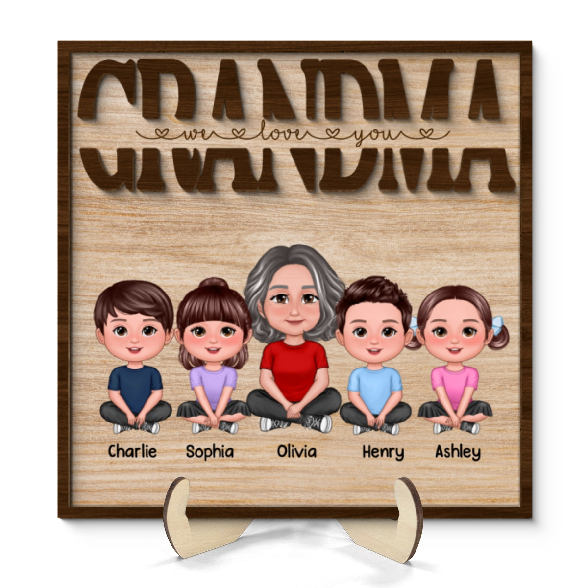 We Love You Grandma Mom Auntie Kids Sitting Mother‘s Day Gift Personalized 2-Layer Wooden Plaque