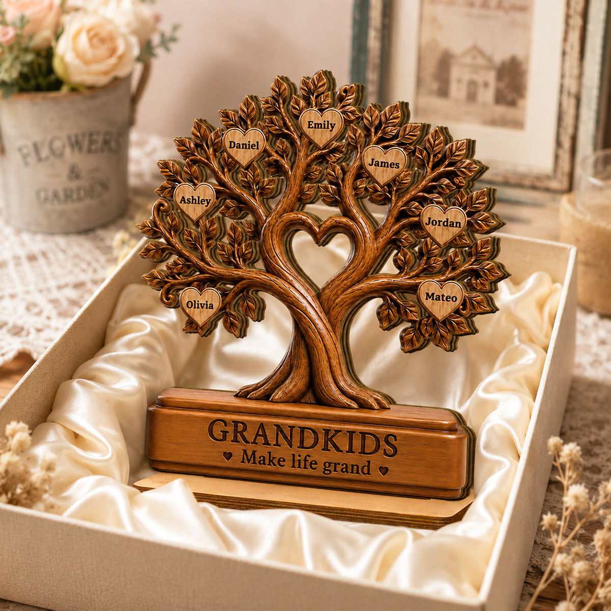 Grandkids Make Life Grand - Personalized 2-Layered Wooden Plaque - Gift for Grandma, Grandpa, Grandparents, Family Keepsake