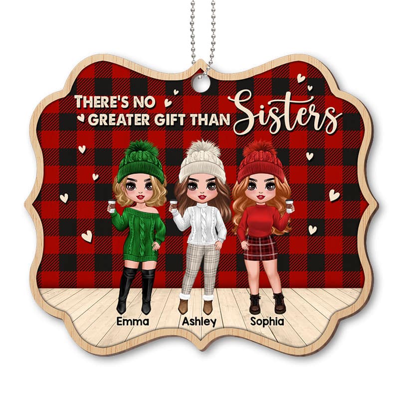 Checkered Pattern Best Friends Sisters Personalized Wooden Ornament