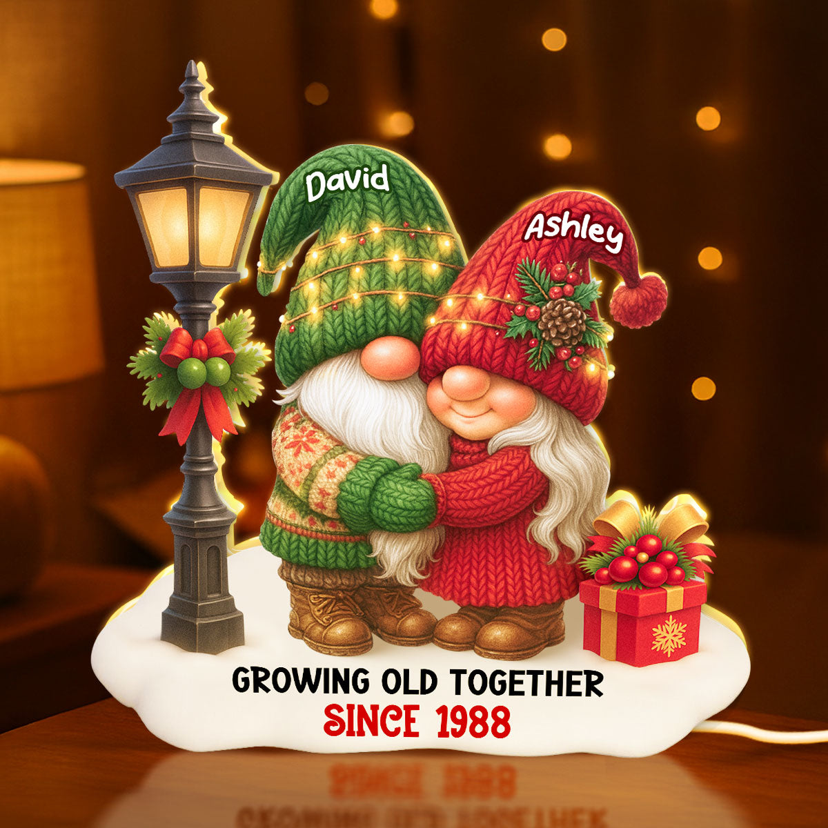 Gnome Christmas Couple Growing Old Together Personalized Light Box, Gift for him, for her