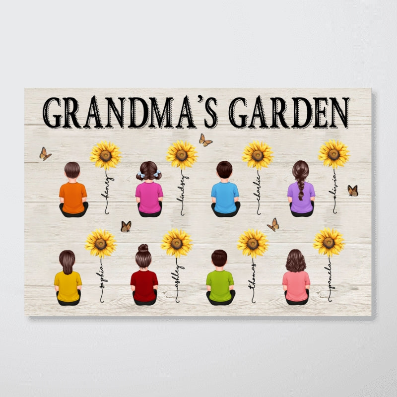 Grandkids Sitting Grandma Garden Sunflower Personalized Horizontal Poster