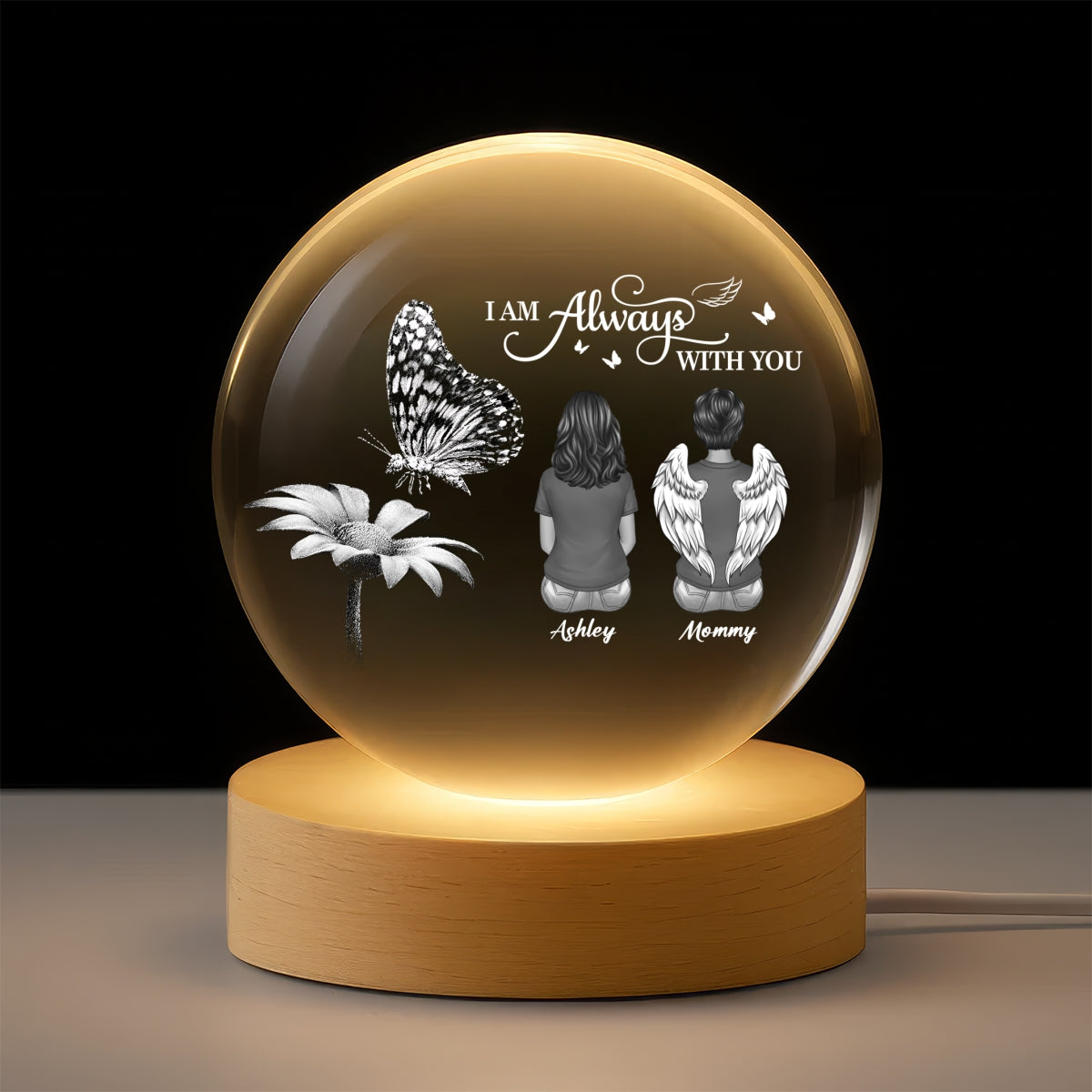 Always With You Family Back View Butterfly On Daisy - Personalized Crystal Ball LED Night Light - Memorial Remembrance Keepsake