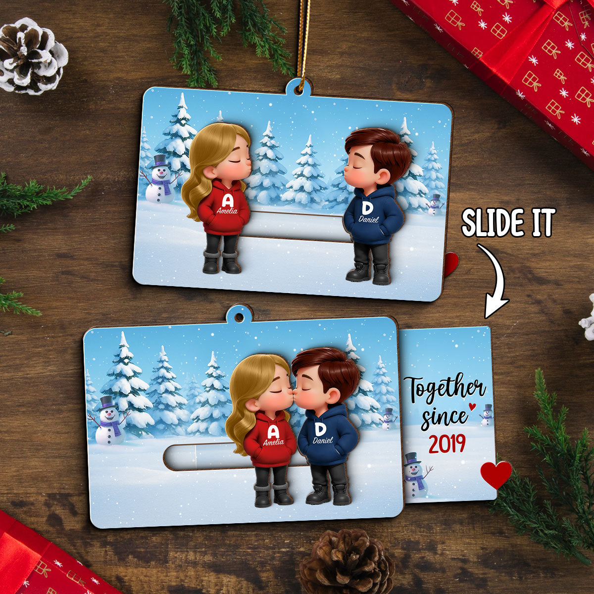 3D Effect Cartoon Couple Kissing - Personalized Slider Ornament - Christmas Gift For Him For Her