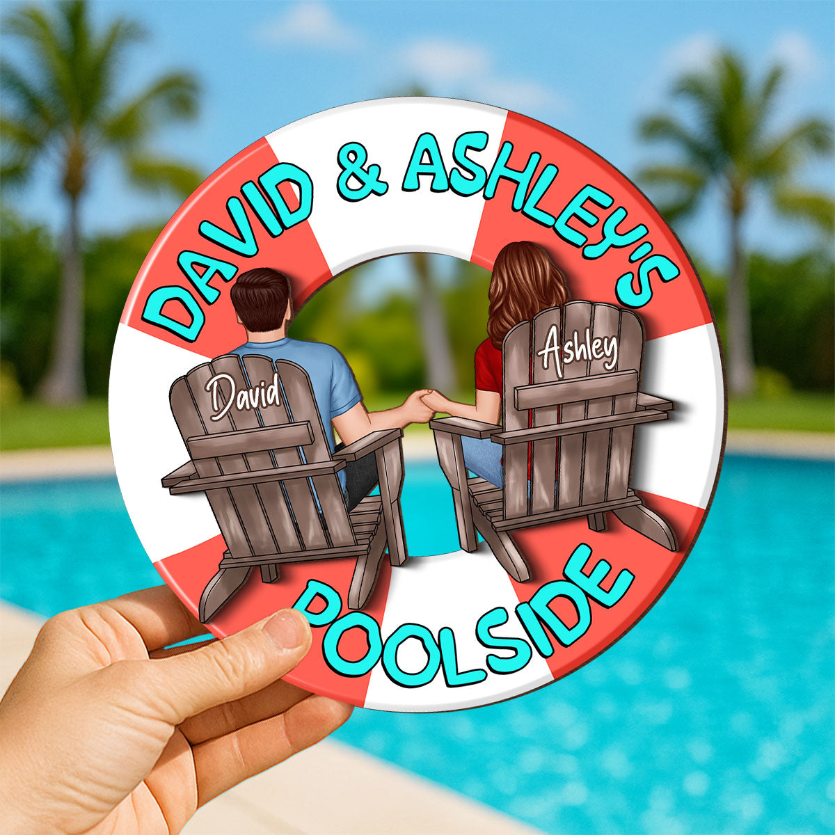 Couple Sitting Back View Poolside Swimming Float Personalized 2-Layer Wood Sign