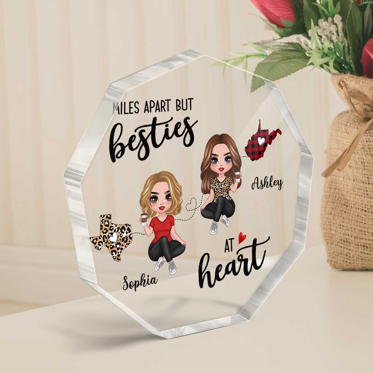 Miles Apart Long Distance Besties At Heart Personalized Nonagon Acrylic Plaque - Gift For Best Friends, Sisters