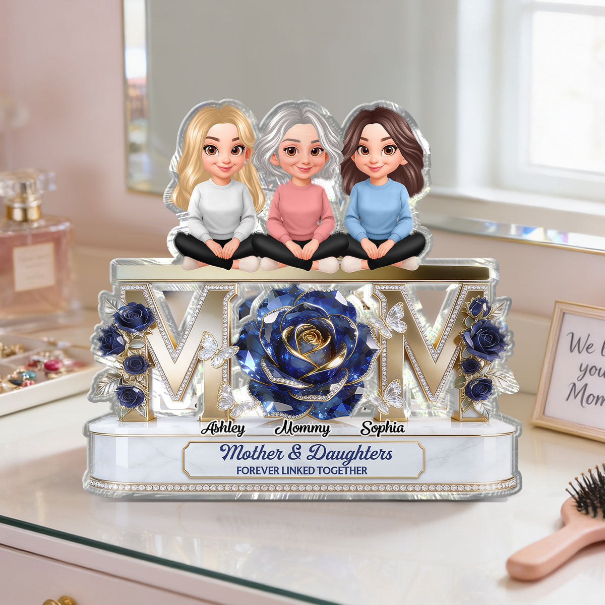 Beautiful Blue Roses MOM And Daughters Sons - Personalized Acrylic Block Plaque - Gift For Mom