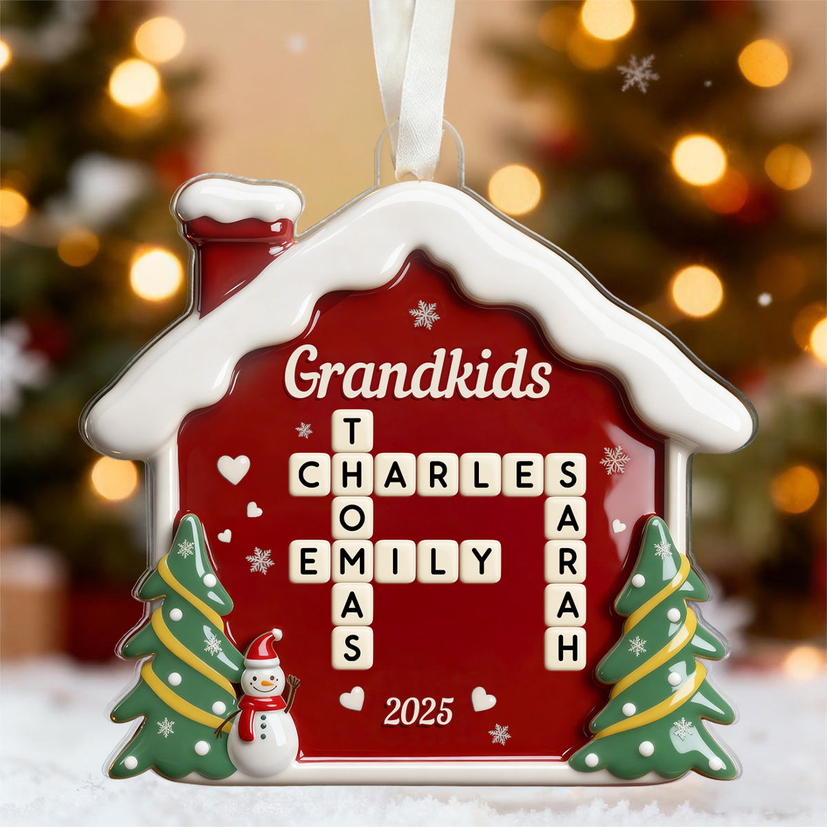 3D Effect Festive Christmas House Grandparents Grandkids Forever Linked Together Crossword Puzzle Art - Personalized Acrylic Ornament