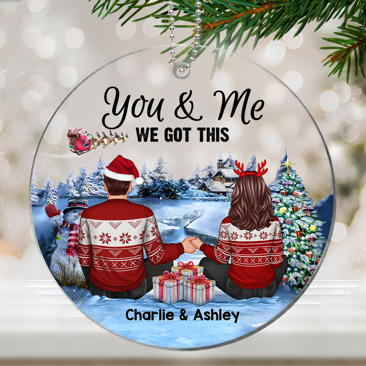 Couple Sitting In Christmas Night Personalized Acrylic Ornament