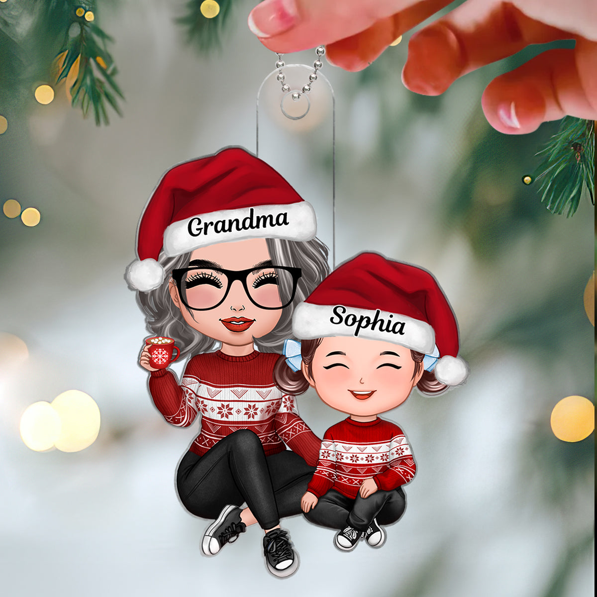 Christmas Grandma Grandson Granddaughter Happy Face Sitting Personalized Acrylic Ornament