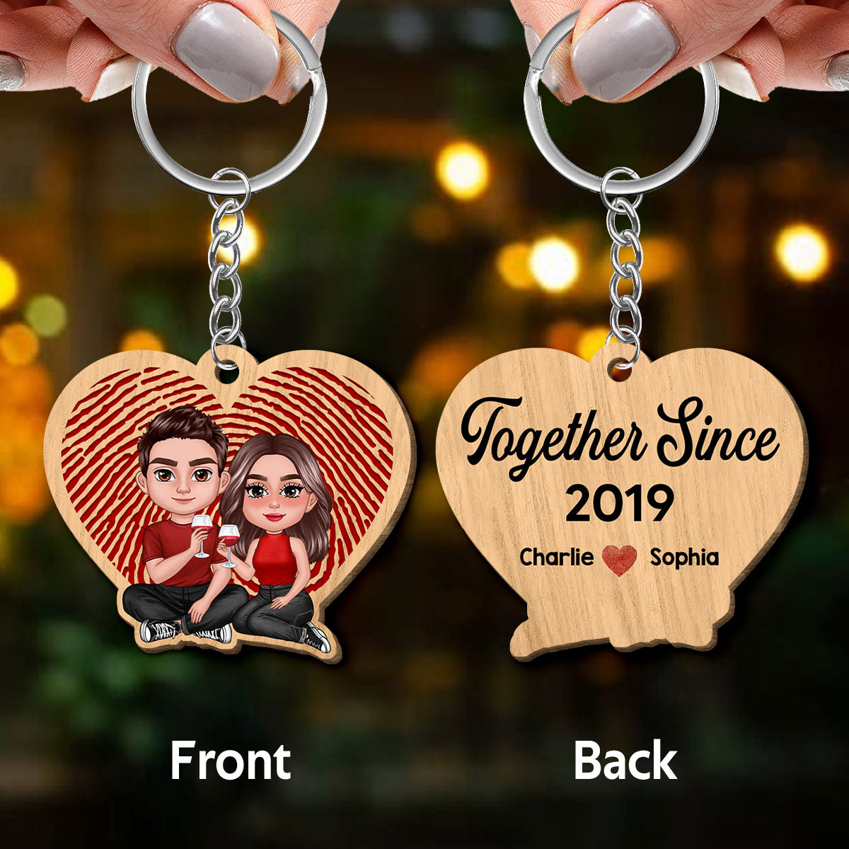 Couple Sitting Heart Fingerprints Personalized Heart Wooden Keychain