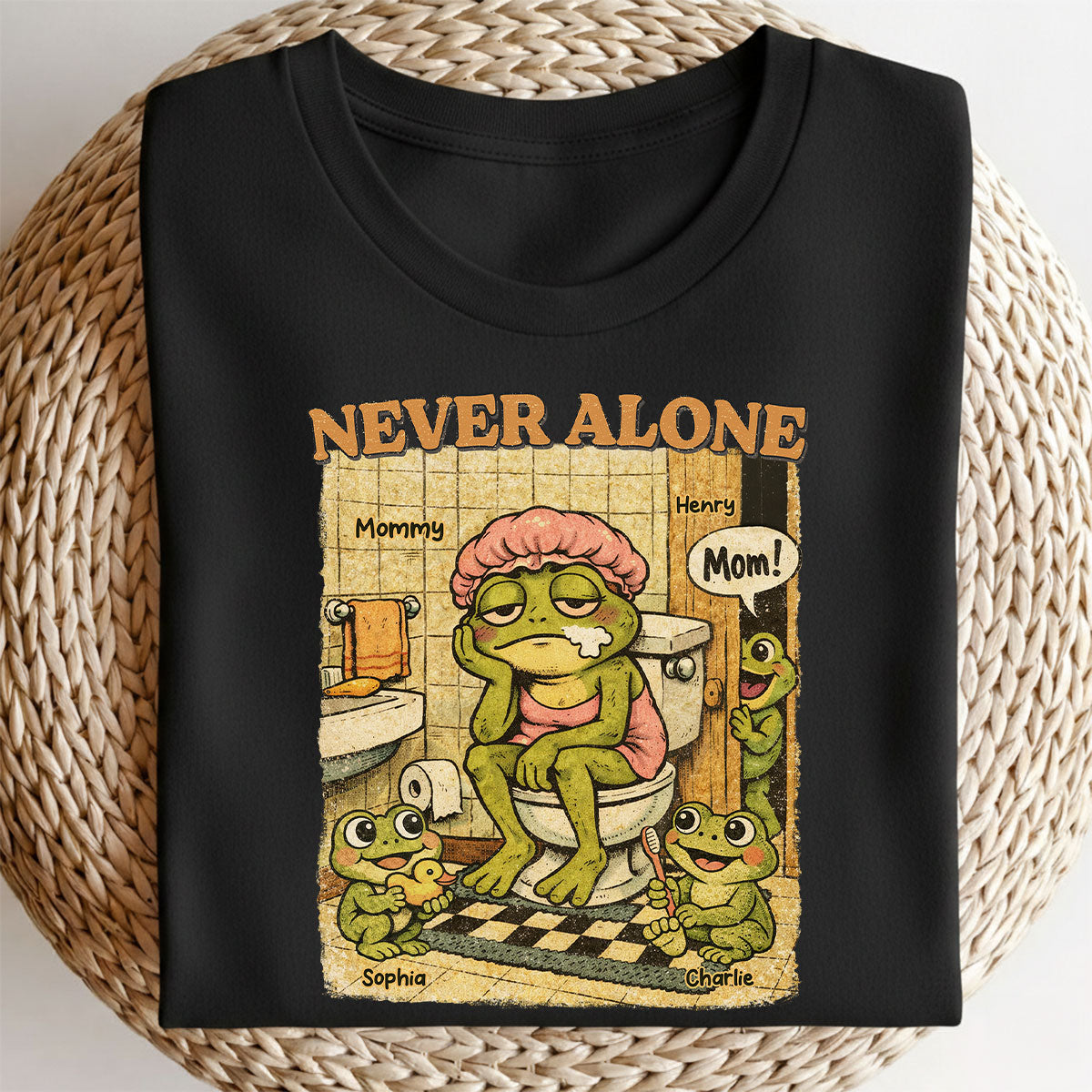 Retro Frog Mom Never Alone - Personalized Shirt - Funny Mother's Day Gift For Mom, Overstimulated, Humor, Snarky Motherhood