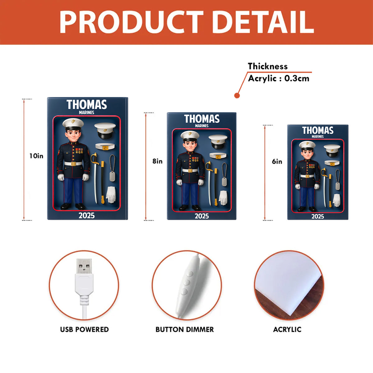 Marines Action Figure 3D Effect - Personalized Light Box - Special Gift For The Marines