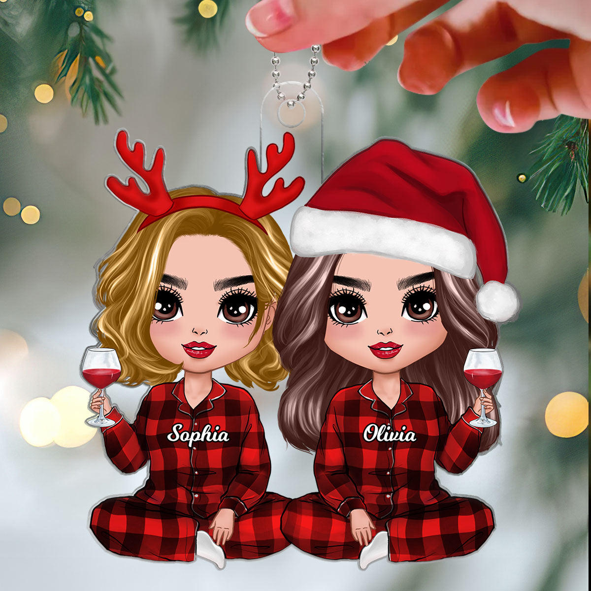 Christmas Pajamas Doll Besties Sisters Sitting Personalized Acrylic Ornament