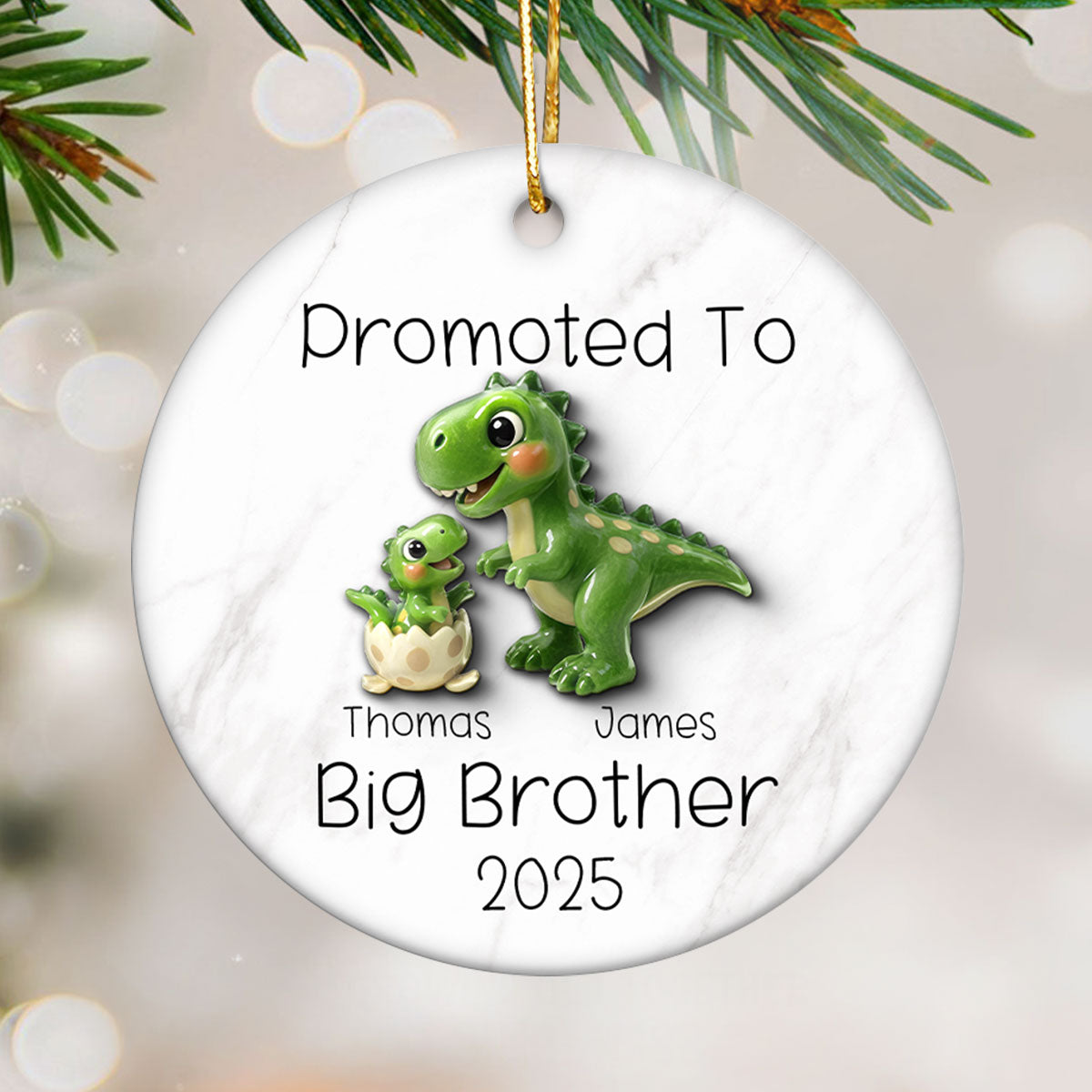 Promoted To Big Brother Big Sister 3D Effect Cute Dinosaurs - Personalized Ceramic Ornament - Proud New Big Sibling Gift