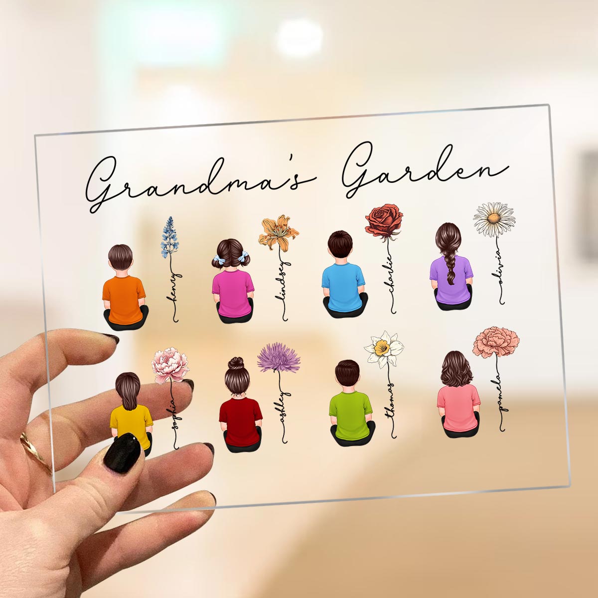 Grandkids Sitting Grandma Garden Vintage Birth Month Flowers Mother‘s Day Gift Personalized Acrylic Plaque