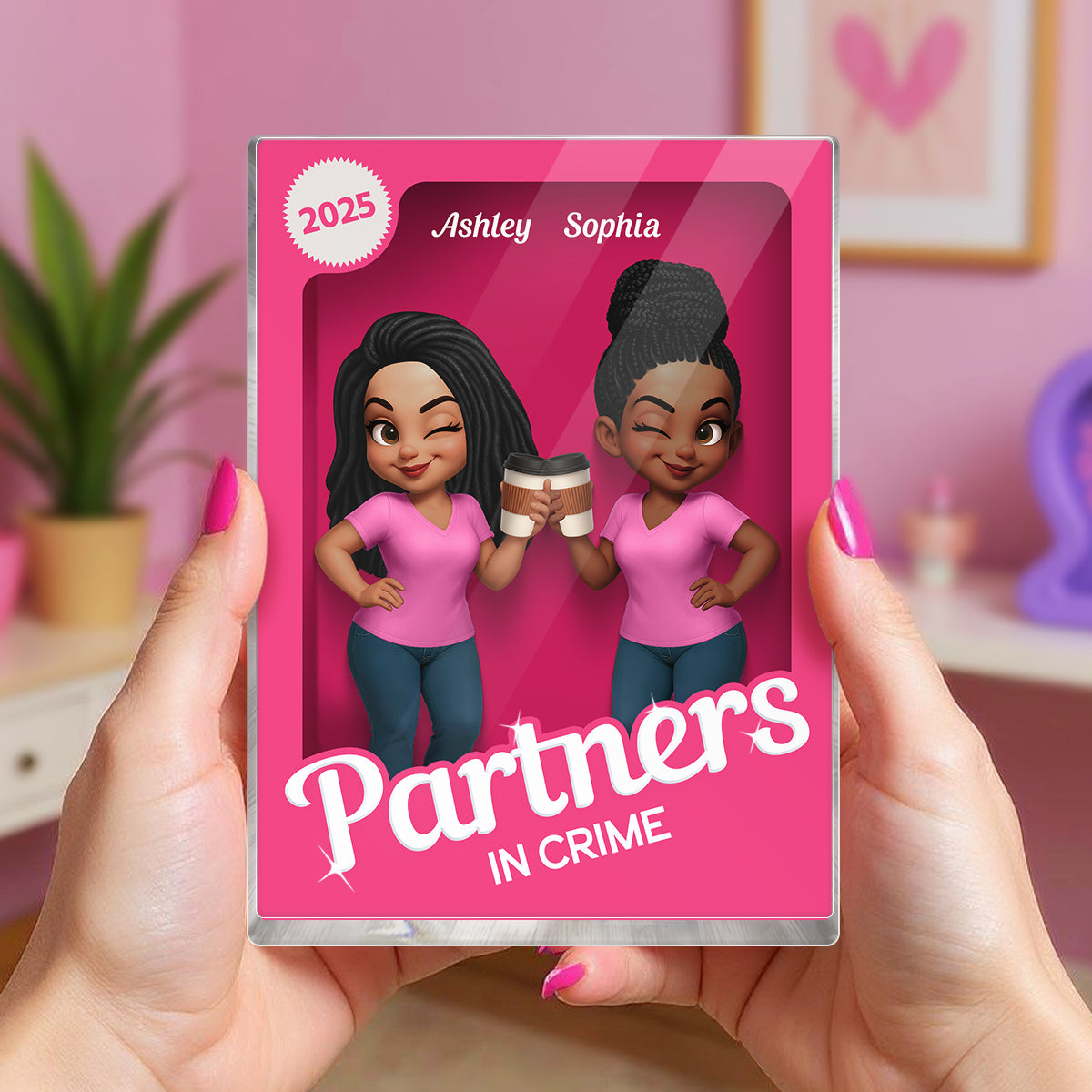 Besties Forever Pink 3D Effect Action Figure – Personalized Acrylic Block Plaque – Gift for Best Friends