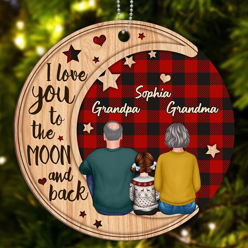 Checkered Pattern Grandma Grandpa Grandkid On Moon Personalized Wooden Ornament