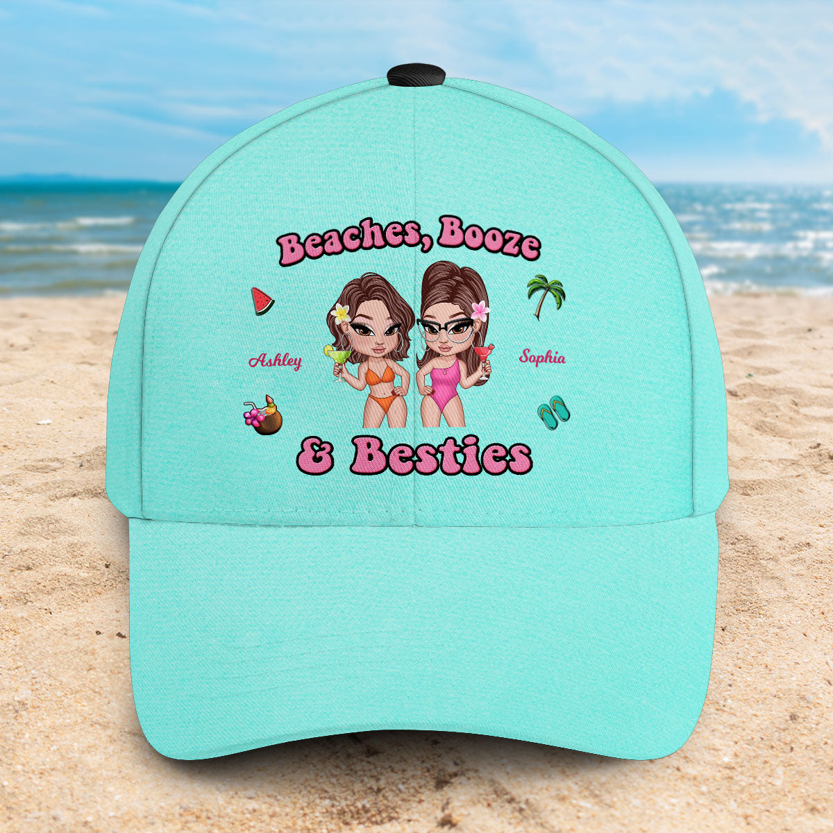 Beaches Booze Besties, Summer Vibe Personalized Classic Cap, Gift For  Best Friends
