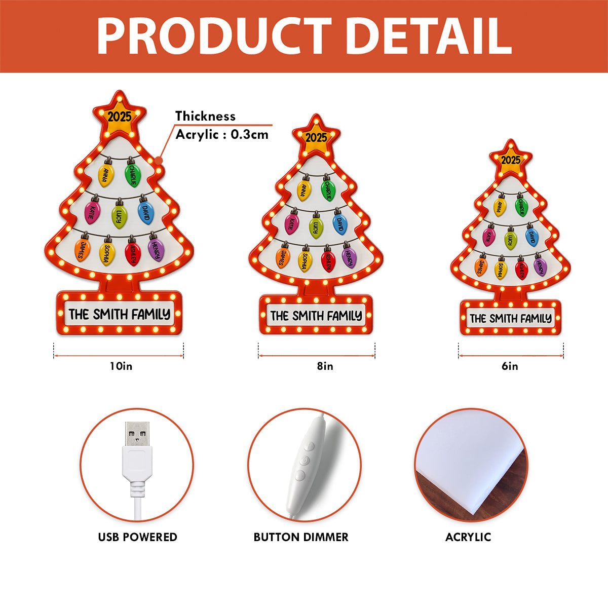 3D Effect Christmas Tree Lights Marquee Texture Family Members Names Personalized LED Light Box