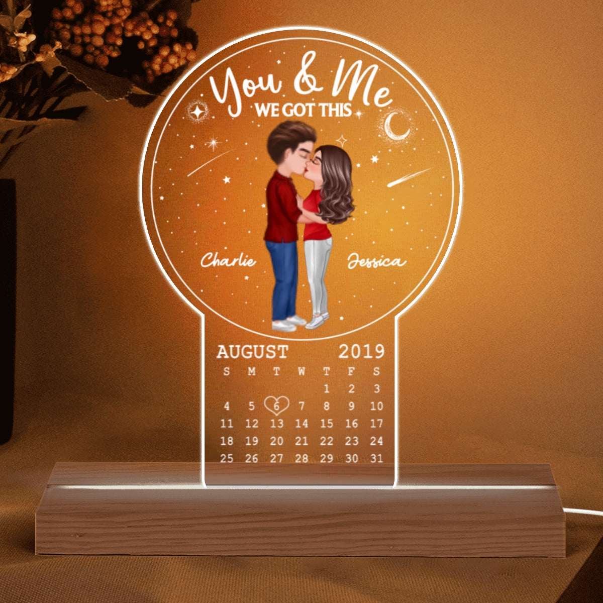 Galaxy Doll Couple Kissing Calendar Anniversary Date Personalized Custom Shape LED Night Light