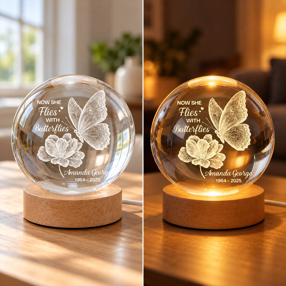 Now She Flies With Butterflies Memorial - Personalized Crystal Ball LED Night Light - Memorial Keepsake Remembrance Gift For Lost Loved Ones