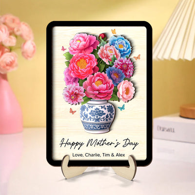 Flower Bouquet Personalized 2-Layer Wooden Plaque, Heartfelt 2025 Gift For Mom, For Grandma, For Wife