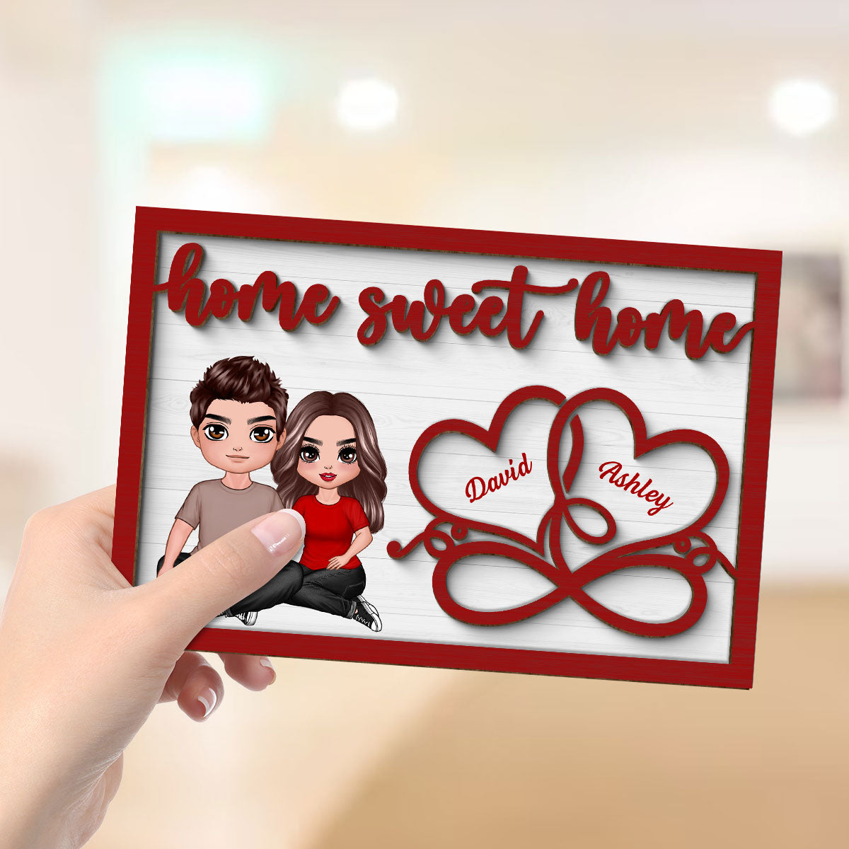 Couple Sitting Embracing Home Sweet Home Valentine‘s Day Gift For Him For Her Personalized 2-Layer Wooden Plaque